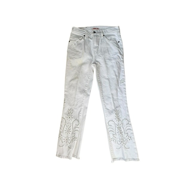 JOHNNY WAS WHITE DENIM THE CROPPED BABY BOOT EMBROIDERED  SZ 26 FRINGE SLIM FIT - Picture 1 of 15